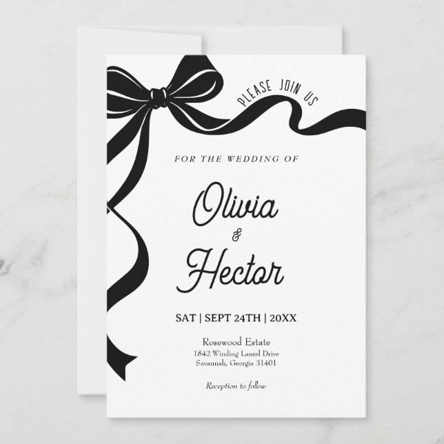 Invitación Modern Black Bow Wedding Invitation  (Anverso)