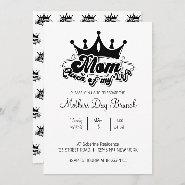 Invitación Modern Black Crown MOM Queen of my life Invitation (Anverso / Reverso)