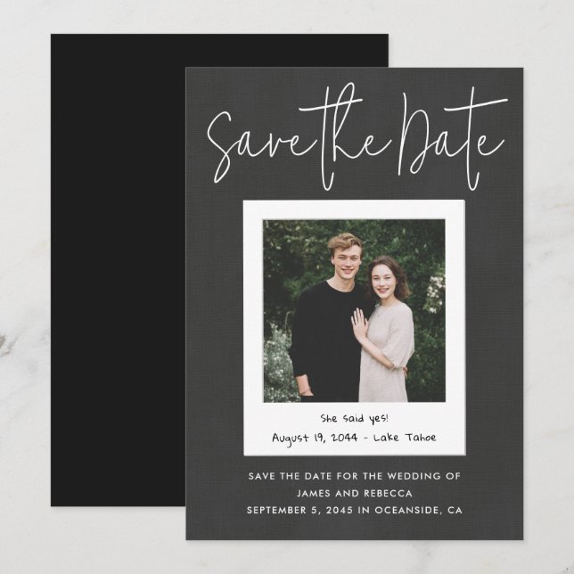 Invitación Modern Black Custom Engagement Photo Save the Date (Anverso / Reverso)