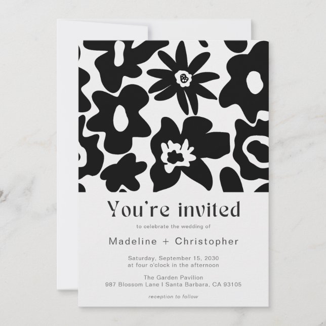 Invitación Modern Black Floral QR Code Wedding (Anverso)