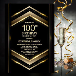 Invitación Modern Black Gold 100th Birthday Party