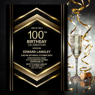 Invitación Modern Black Gold 100th Birthday Party