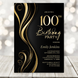 Invitación Modern Black Gold 100th Birthday Party