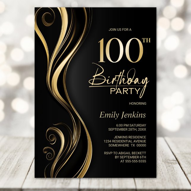 Invitación Modern Black Gold 100th Birthday Party (Subido por el creador)