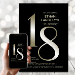 Invitación Modern Black Gold 18th Birthday Party<br><div class="desc">Invite a sus amigos y seres queridos con esta moderna invitación de fiesta de cumpleaños 18 en negro y oro. El área de texto de personalizable de esta plantilla de invitación le permite incluir sin esfuerzo todos los detalles necesarios para su celebración especial de cumpleaños, incluyendo la fecha, hora, lugar...</div>