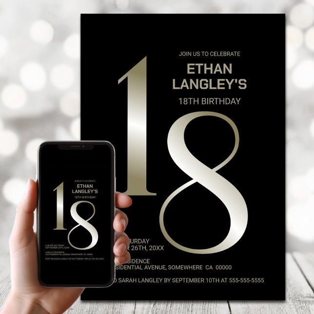 Invitación Modern Black Gold 18th Birthday Party (Subido por el creador)