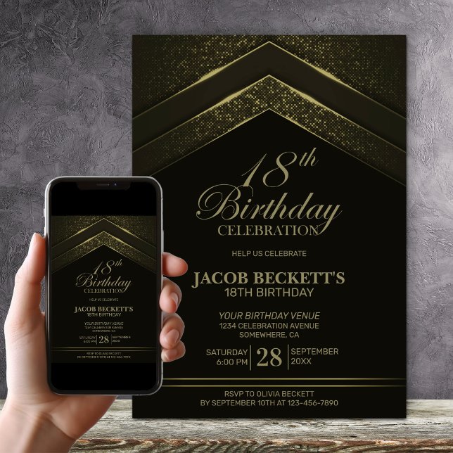 Invitación Modern Black Gold 18th Birthday Party (Subido por el creador)