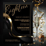Invitación Modern Black Gold 18th Birthday Party<br><div class="desc">Celebra tu hito de 18 años con estilo con nuestra moda y sofisticada invitación de fiesta negra. Con su texto de personalizable, puede personalizar la invitación. Esta invitación incluye un excelente marco dorado que incluye el texto, añadiendo un toque de lujo a tu ocasión especial. El diseño de las cintas...</div>