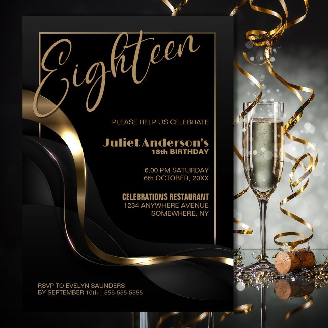 Invitación Modern Black Gold 18th Birthday Party (Subido por el creador)