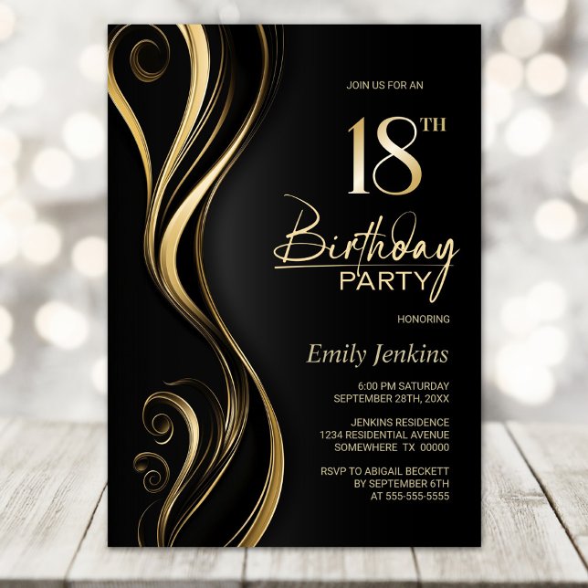 Invitación Modern Black Gold 18th Birthday Party (Subido por el creador)