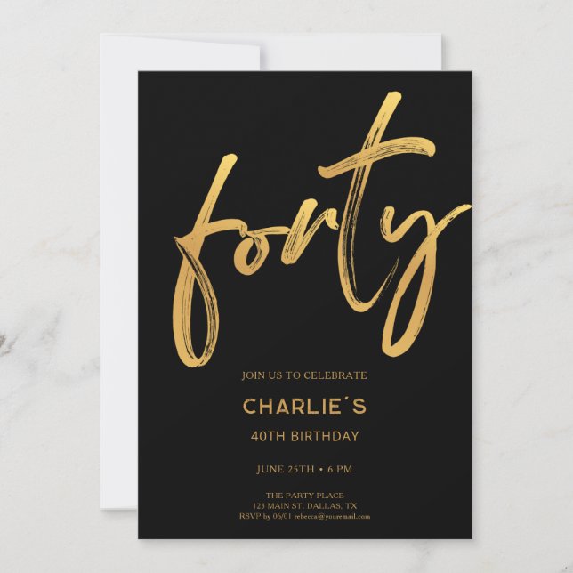 Invitación Modern Black & Gold 40th Birthday Invitation (Anverso)