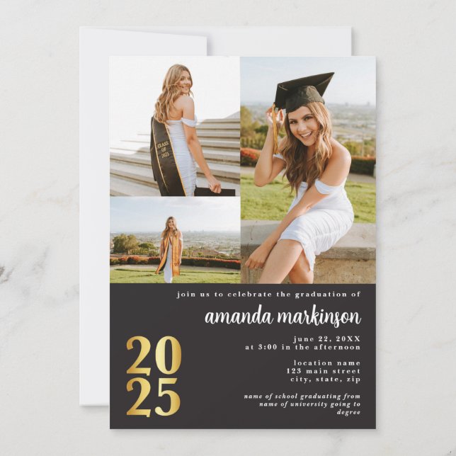 Invitación Modern Black Gold 4 Photo Graduation Announcement (Reverso)