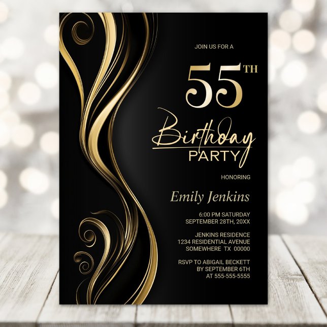 Invitación Modern Black Gold 55th Birthday Party (Subido por el creador)