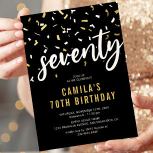 Invitación Modern Black & Gold 70th Birthday Party Invitation