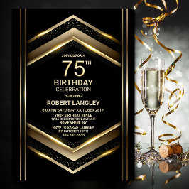 Invitación Modern Black Gold 75th Birthday Party
