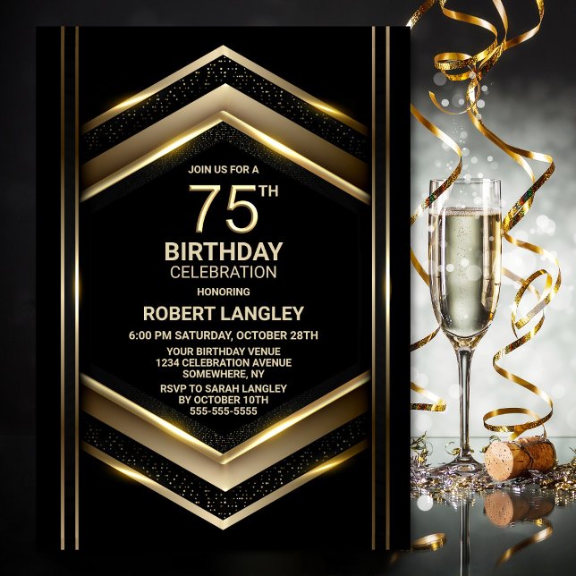 Invitación Modern Black Gold 75th Birthday Party (Subido por el creador)