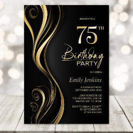 Invitación Modern Black Gold 75th Birthday Party