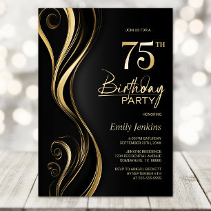 Invitación Modern Black Gold 75th Birthday Party