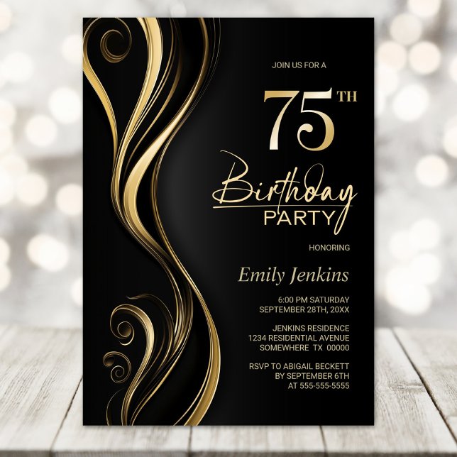 Invitación Modern Black Gold 75th Birthday Party (Subido por el creador)