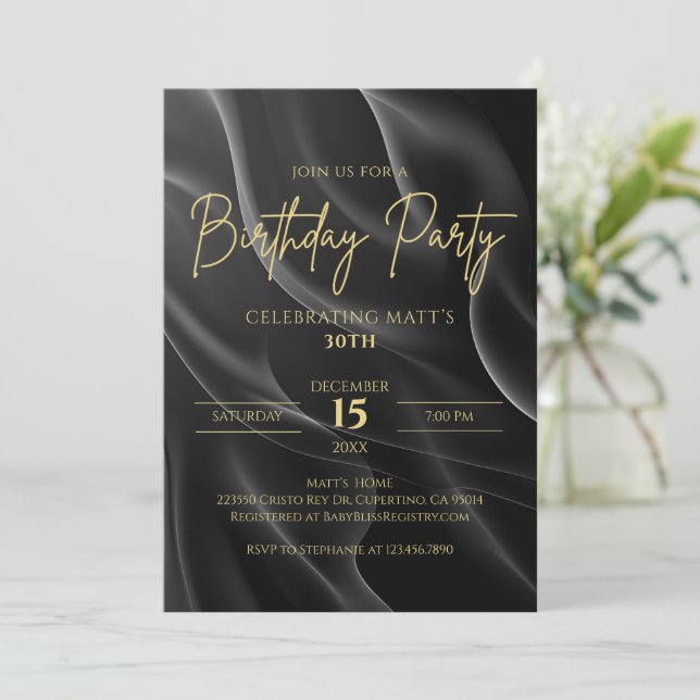 Invitación Modern black & Gold Birthday Invitation (Anverso de pie)
