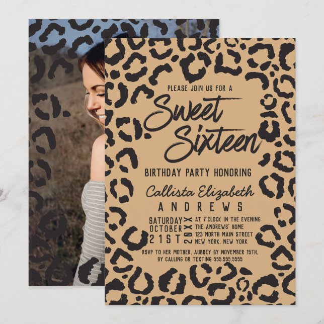 Invitación Modern Black Gold Cheetah Leopard Sweet 16 Photo (Anverso / Reverso)