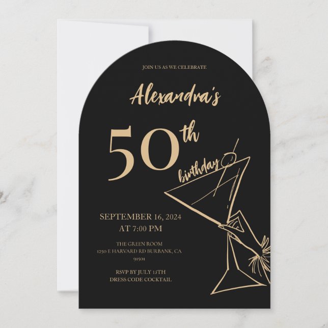 Invitación Modern Black Gold Cocktail 50 cumpleaños (Anverso)