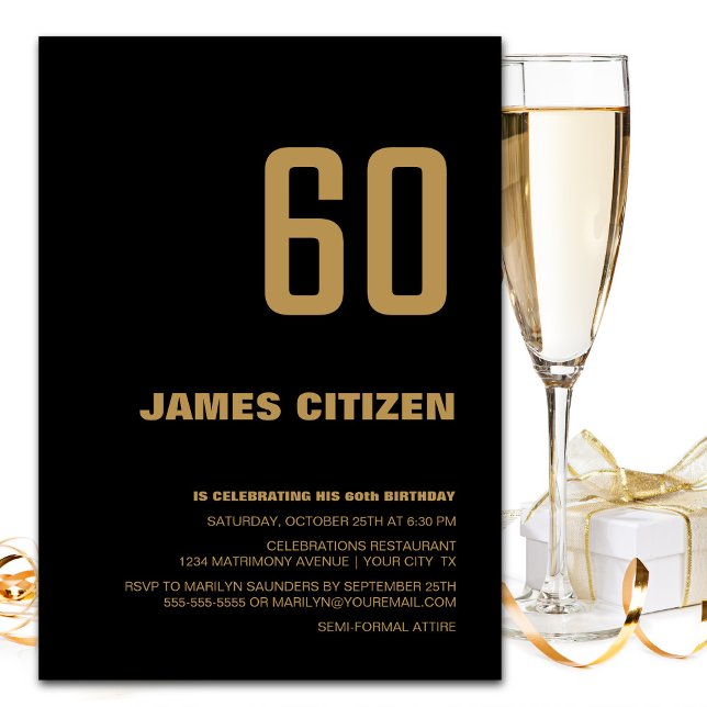 Invitación Modern Black Gold Fiesta de cumpleaños número 60 (Subido por el creador)