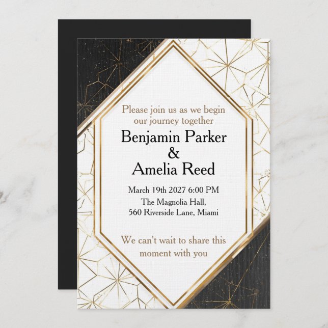 Invitación Modern Black Gold Geometric Wedding Invitation (Anverso / Reverso)