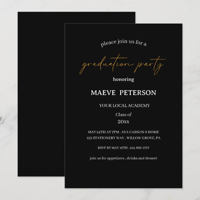 Invitación Modern black & gold law school graduation  (Anverso / Reverso)