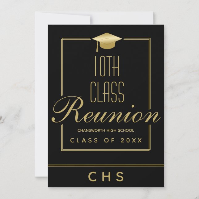 Invitación Modern Black Gold Script 10th Class Reunion (Anverso)