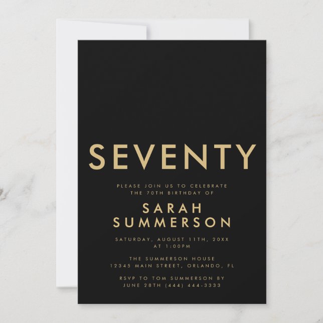 Invitación Modern Black Gold Seventy 70th Birthday Party (Anverso)