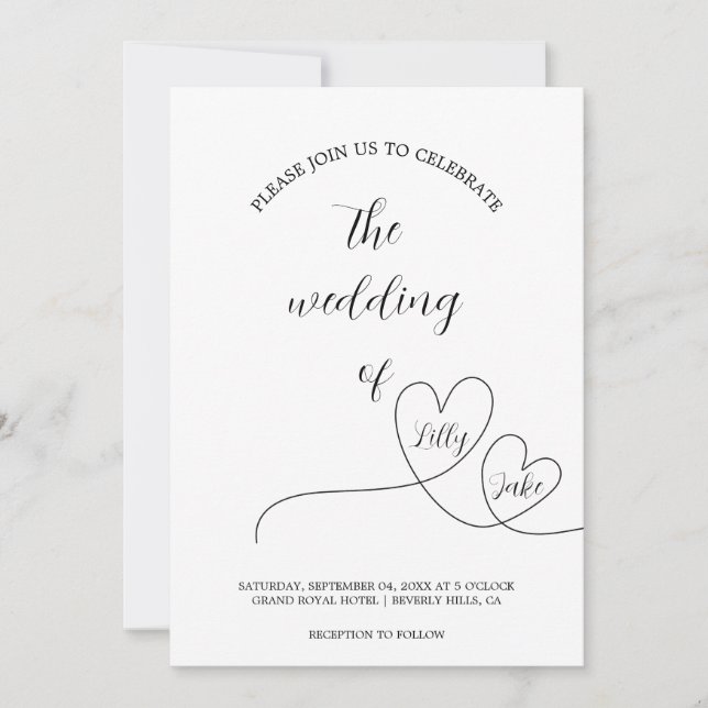 Invitación Modern Black Heart Calligraphy Script Boda (Anverso)