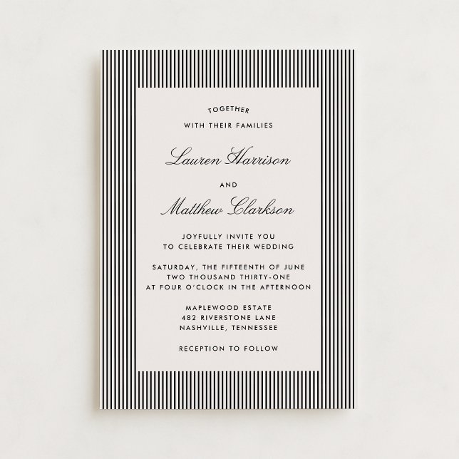 Invitación Modern Black & Ivory Striped Wedding Invitation (Subido por el creador)