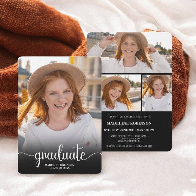 Invitación Modern Black minimo 4 Photo script Graduación (Modern Black minimal 4 Photo script Graduation Invitation)