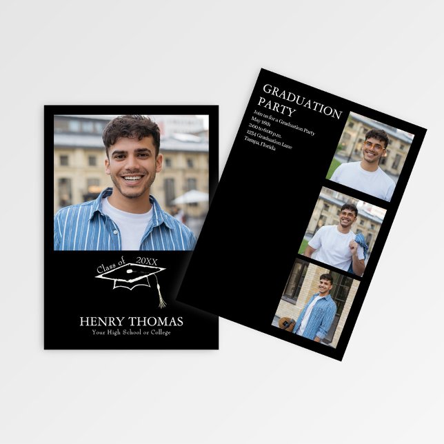 Invitación Modern Black Photo Graduation Party Announcement (Modern black graduation photo card with cap graphic and clean minimalist layout)