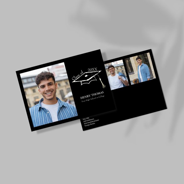Invitación Modern Black Photo Graduation Party Card (Modern black graduation card with photo and cap design on front layout)