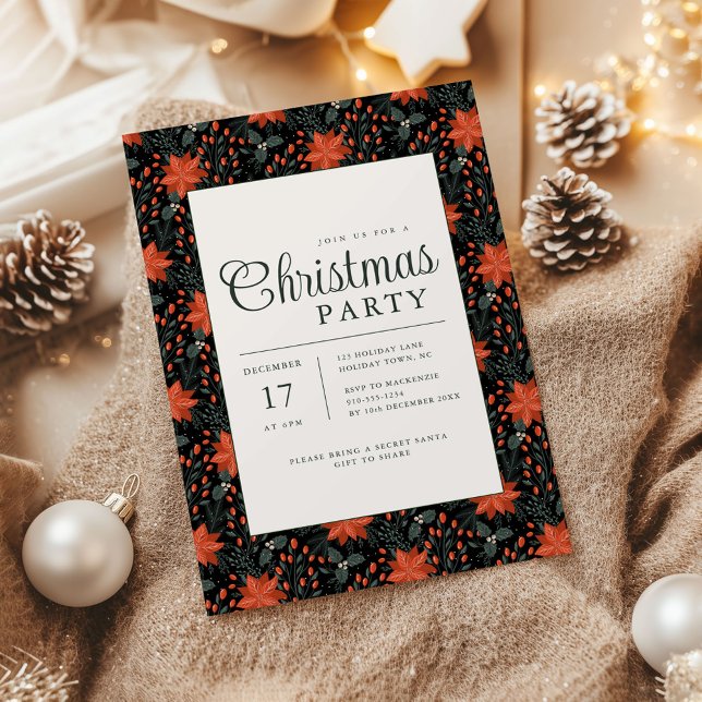 Invitación Modern Black Poinsettia Christmas Party Invitation (Poinsettia Season Christmas Party invite black)