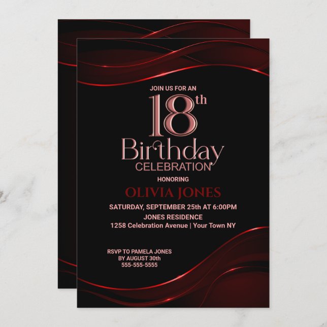 Invitación Modern Black Red 18th Birthday Party (Anverso / Reverso)