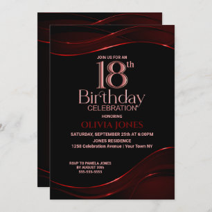 Invitación Modern Black Red 18th Birthday Party