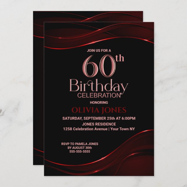 Invitación Modern Black Red 60th Birthday Party (Anverso / Reverso)