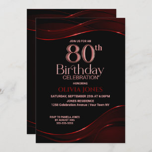 Invitación Modern Black Red 80th Birthday Party