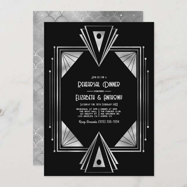 Invitación Modern Black & Silver Art Deco Rehearsal Dinner (Anverso / Reverso)