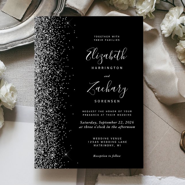 Invitación Modern Black Silver Faux Glitter Edge Wedding (Subido por el creador)