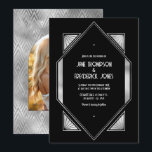 Invitación Modern Black & Silver Gatsby Art Deco Wedding<br><div class="desc">Celebrate timeless elegance with this Art Deco Silver Wedding Invitation. Featuring a striking geometric design in rich black and metallic silver, this invitation evokes the luxury and sophistication of the roaring 1920s. Perfect for glamorous weddings, black-tie celebrations, or Great Gatsby–themed events. The reverse side includes a customizable photo placeholder in...</div>