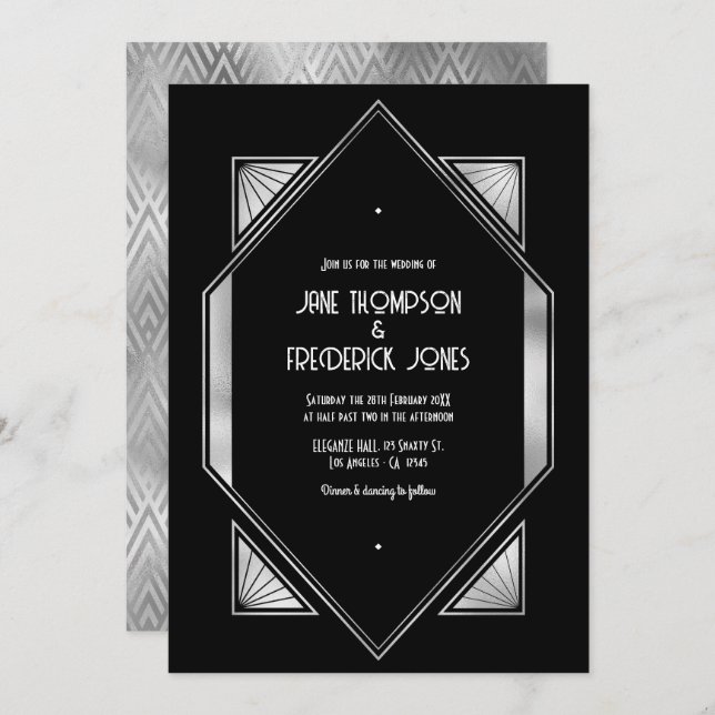 Invitación Modern Black & Silver Gatsby Art Deco Wedding (Anverso / Reverso)