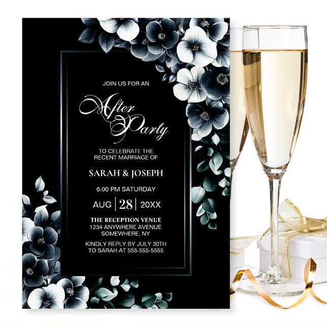 Invitación Modern Black White Floral Wedding After Party (Subido por el creador)