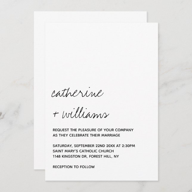 Invitación Modern Black & White Minimalist Script Wedding (Anverso / Reverso)
