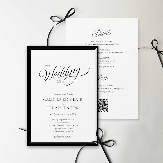 Invitación Modern Black & White QR Code All In One Invitation (Modern Black and White QR Code Wedding Invite)
