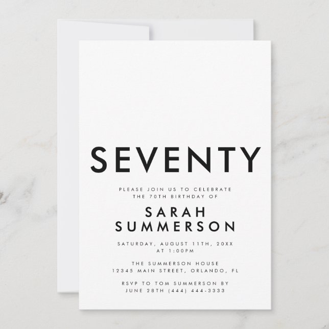 Invitación Modern Black White Seventy 70th Birthday Party (Anverso)