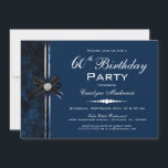 Invitación Modern Blue 60th Birthday Party<br><div class="desc">Una moderna invitación a la fiesta de cumpleaños 60 en negro y azul con un arco de regalo negro y azul con un embellecimiento de un diamante en la parte superior del nudo. Elegantemente presentado en blanco. Los detalles pertinentes se intercambian fácilmente por su información para su evento especial.</div>